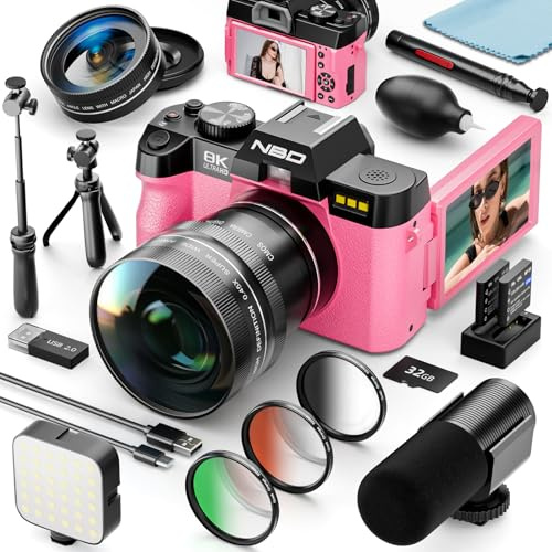 NBD 8K Digital Camera 64MP, Autofocus, 16X Digital Zoom, Pink | 180° Flip Screen, WiFi, External Mic, Tripod, Fill Light, Wide-Angle/Macro, Filters, 2 Batteries, 32GB, Vlogging