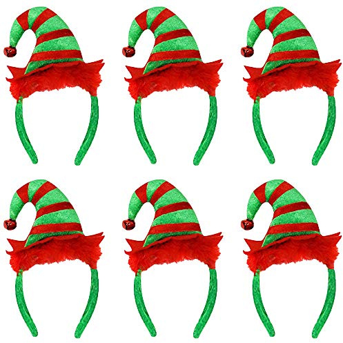 MINI ELF HAT - ADULTS GREEN AND RED STRIPED ELF HAT ON A HEADBAND WITH A JINGLE BELL ATTACHED - SANTA'S LITTLE HELPER CHRISTMAS FANCY DRESS COSTUME ACCESSORY HAT (PACK OF 6)