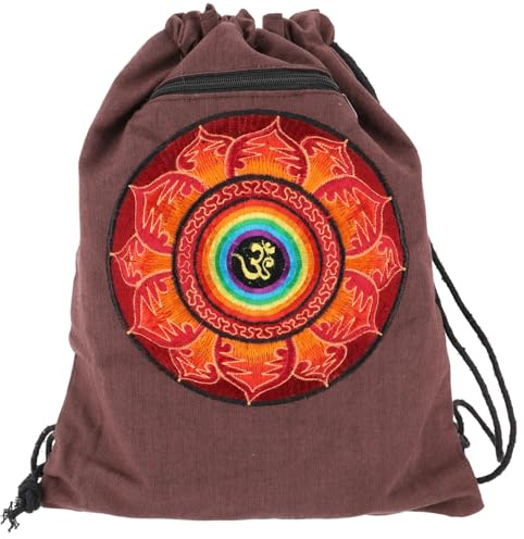 GURU SHOP Bestickter Turnbeutel, Sportbeutel aus Baumwolle, braun | Beutel mit großer Mandala Stickerei, Kordelzug, Reißverschlussfach, handgefertigt in Nepal