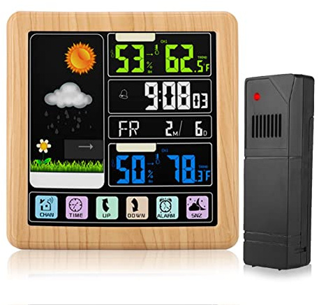 Station Météo sans Fil Station Météo à Prévision Numérique des Couleurs avec Alerte et Température Humidité Baromètre Alarme Horloge Lunaire Météo avec Capteur Extérieur