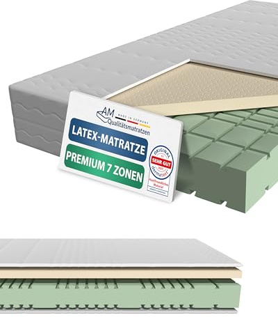 AM Qualitätsmatratzen 7 Zonen Latex Matratze 140x200 H3 - Made in Germany - Oeko TEX zertifizierte Naturlatex Matratze 140x200-23 cm Hoch - Hybridmatratze mit 4cm Latexauflage