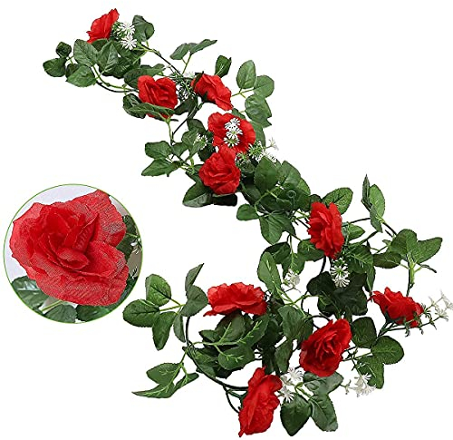 2 Rose rampicanti Artificiali, con 10 Teste, Foglie Verdi, rampicanti in Seta Rossa, Romantica Ghirlanda di Rose Artificiali da Appendere, Decorazione per casa, Giardino, Festa di Nozze Red