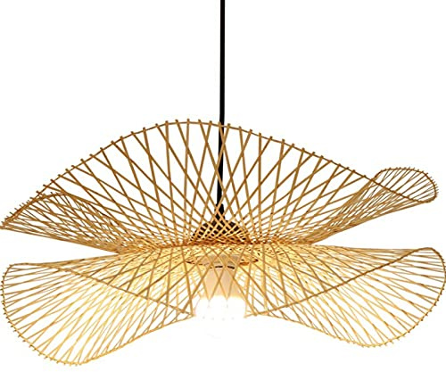 Lampe Suspension Rétro Naturel Bambou Rotin Tissé Pendentif Lumières E27 Hauteur Réglable Chapeau Lustre Chambre Salon Lampe Salle À Manger Salon De Thé Éclairage Décoratif Lampe Suspendue,75cm