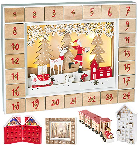 BRUBAKER Adventskalender 2026 - Weihnachtskalender aus Holz zum Befüllen | Weihnachtsmann im Wald mit LED-Beleuchtung - Wiederverwendbarer DIY Kalender 35.5 x 6 x 27 cm