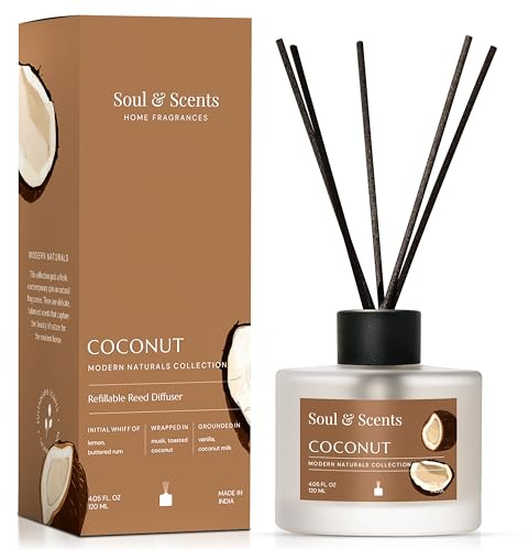 Soul & Scents 120Ml Coconut Reed Diffuser Set| Free 6 Fiber Reed Sticks | Stress Relief & Aromatherapy | Long-Lasting, Smoke-Free Air Freshener for Home, Bedroom & Office | Ideal for Gifting