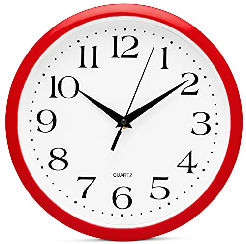 Bernhard Products Red Wall Clock Silent Non Ticking - 10 Inch Quality Quartz Battery Operated Round Easy to Read Home/Kitchen/Office/Classroom/School Clocks, Vintage Retro Red Frame Black Numbers