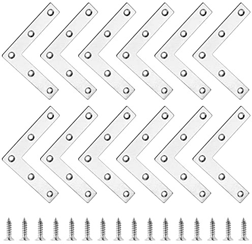 Bonsicoky 12Pcs L Shape Flat Bracket, 3.1 x 3.1 Stainless Steel Flat Corner Brackets, Corner Braces, Joining Plate, Repair Plate for Wood Furniture, Cabinet, Windows, Desks
