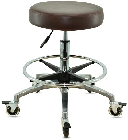 VAKON SALON - Rollhocker braun mit Fußring und Rollen mit Bremse - Höhenverstellbarer Drehhocker 55-75 cm - Rundhocker Praxishocker Bürohocker