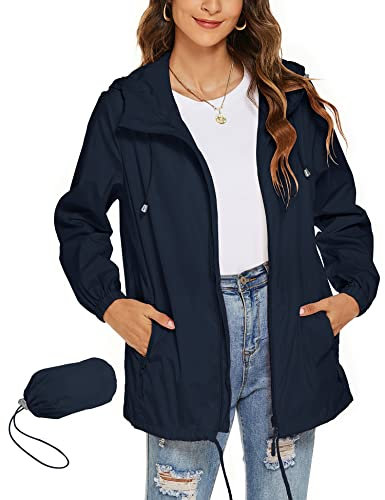 Rapbin Waterproof Coat Womens Lightweight Breathable Spring Cycling Jacket Hiking Camping Rain Jacket Windbreaker(Navy Blue,XXL)