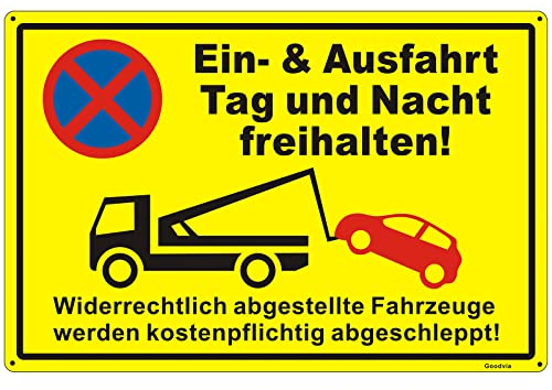 Goodvia Ein- und Ausfahrt-Freihaltenschild Metall Reflektierend 45x30 cm - Parken Verboten Tag und Nacht Alu Groß