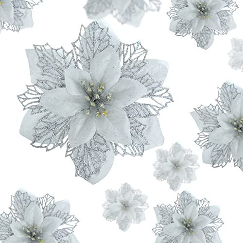 DIYASY Silver Christmas Tree Flowers, 24 Pcs Glitter Poinsettia Christmas Tree Flower Decorations, 5.9 Diameter Large Flowers for Christmas Trees with 27 Clips