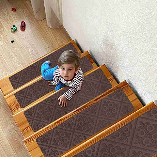 Arthome Alfombras de Escalera Antideslizantes, 15 Paquetes 20cm x 76cm Madera Escalones, Autoadhesivo Alfombra Antideslizante Seguridad para Mascotas, Ancianos y Niños (Marrón Gofrado)