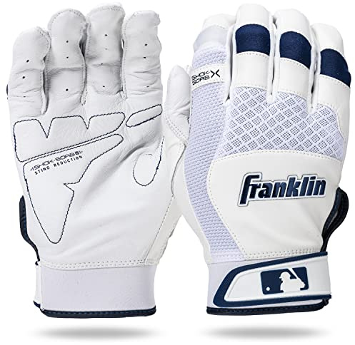 Franklin Sports MLB Baseball Batting Gloves - Shok-Sorb X Batting Gloves for Baseball + Softball - Adult + Youth Padded Non Stinging Batting Gloves - Pair - White + Navy Chrome - Adult Medium