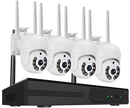 XNASU Kit telecamera di sorveglianza PTZ da 3 MP e 4 canali NVR, sistema di telecamere di sicurezza WiFi per esterni con audio bidirezionale, visione notturna a colori, rilevamento umano