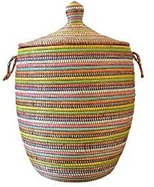 Wäschekorb Afrika - S/M/L/XL/XXL - Das Original aus dem Senegal - Afrikanischer Flechtkorb mit Deckel - Fair Trade - Bade-/Wohn- & Kinderzimmer (S, Stripes Bunt)