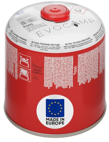 EVOCAMP 1x Butangas Kartusche 500g Schraubkartusche mit Butan/Propan Gas 899 ml, Gaskartusche EN417, Ventilkartusche mit Schraubverschluss, Gas Kartusche mit Camping Gas, Gaskartuschen Schraubventil