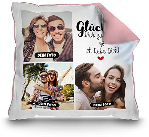 Print Royal PR Kissen mit Füllung - Fotocollage selbst gestalten mit Spruch - Glück ist - mit DREI eigenen Fotos - Geschenkidee Fotokissen | Farbkissen Rückseite Rosa, 40 x 40 cm