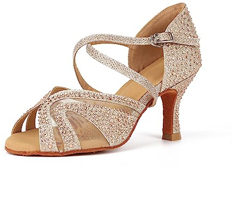 Syrads Zapatos de Baile Latino para Mujer Salsa Tango Bachata Vals con Pedrería Zapatos de Baile de Salón Suela Blanda,Oro 7.5cm Heel,40 EU