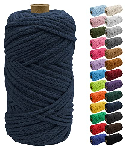 Uiopa Corda macramè da 5 mm x 90 m, spessa corda macramè in cotone intrecciato a 8 fili, colore blu navy, per appendere piante, appendere alla parete, acchiappasogni, giardino, progetti fai da te