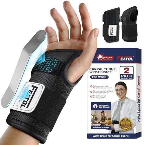 FEATOL 2 Pack Carpal Tunnel Wrist Brace For Work With Wrist Splint, 6.5'' Hand Brace Night Support For Women Men, Pain Relief For Tendonitis, Arthritis, Pregnancy, Typing, Right and Left Hand, Large