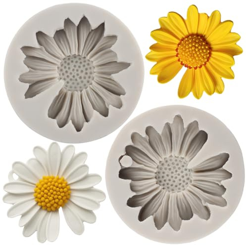 MYPRACS Fleur Silicone Fondant Moule Marguerite Fleur Moule Pour Décoration De Gâteau Cupcake Topper Bonbons Argile Polymère Chocolat Gomme Pâte Ensemble De 2