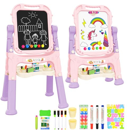 Kids Art Easel, Adjustable Drawing Whiteboard & Chalk Board, Double Sided Toddler Easel with Painting Accessories, Birthday Gift Toy for Little Girls Boy Age 2 3 4 5 (Pink)