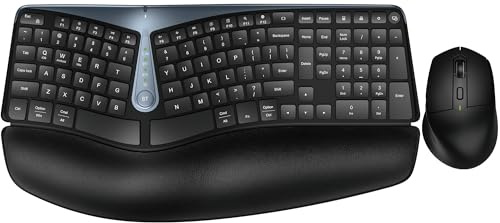 Clavier et souris ergonomiques sans fil, MK835 Ergo Bluetooth/2.4G Split Design Clavier Souris Combo avec repose-poignet rembourré, multi-appareils, touches ondulées, rechargeable, pour