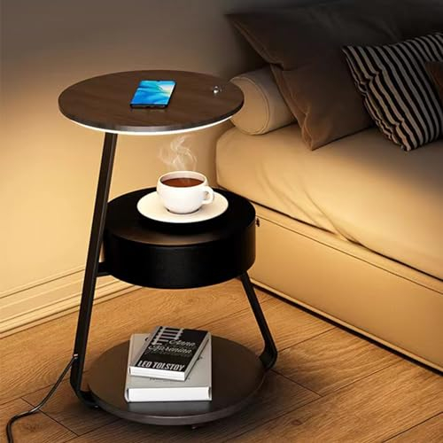 Charging Station Nightstand with LED Lights, Modern Round Side Table with 3-Tier Shelves - Small Table for Living Room/Bedroom/Office