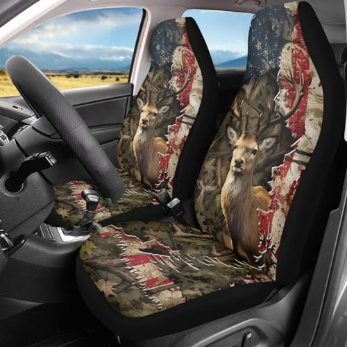 2 Stücke Autositzbezüge Usa Flagge Hirsch Jagd Camo Auto-Zubehör Universelle Auto Sitzbezüge Passform Innenraum Sitzschoner Für Anhänger, Suvs, Autos, 52X138cm
