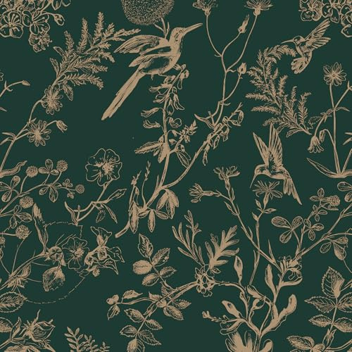 Timeet Selbstklebende Tapete Grün 41x1000cm Klebetapete Selbstklebend Vintage Möbelfolie Pflanze Vögel Blumen Blätter Vinyl Wasserdichte Klebefolie für Schlafzimmer Wohnzimmer Küche Wand Möbel