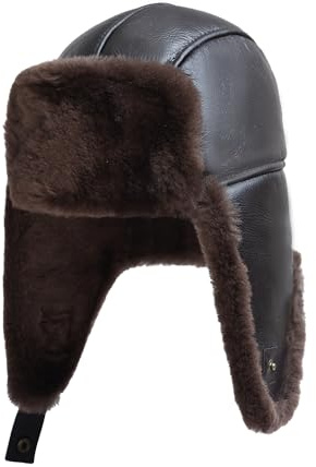 MGGMOKAY Unisex Lammfell Shearling Wintermütze,Aviatormütze,Russische Ushanka Trapper Winterfellmütze,Braun,M