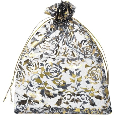 QUARKZMAN 50 Stück Organzasäckchen, 10x15cm Geschenksäckchen Schmuckbeutel Blumen-Muster Mesh Säckchen mit Zugband, Organzabeutel für Hochzeit Party Weihnachten Süßigkeiten, Schwarz-Gold