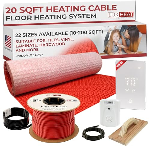 LuxHeat 20sqft Electric Radiant Floor Heating System - 120v Heated Tile Floor Kit - Includes UWG5 WiFi Programmable Thermostat w/GFCI, Tile Uncoupling Membrane, Heating Cable, Sensor & Alarm