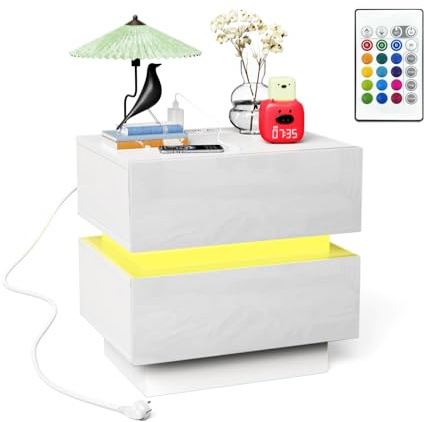 EXSELTMAN Nachttisch mit Steckdose, 2 Schubladen, AC-Steckdosen, 2 USB-Anschlüsse, Nachttisch weiß Hochglanz, Beistelltisch Nachtschrank für Schlafzimmer Wohnzimmer 45x35x46cm