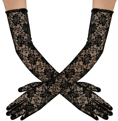 SycloPak Long Lace Gloves for Women - 80s Floral Vintage Opera Stretch Elbow-Length Gloves for Halloween Costume Parties, Masquerade Balls Black