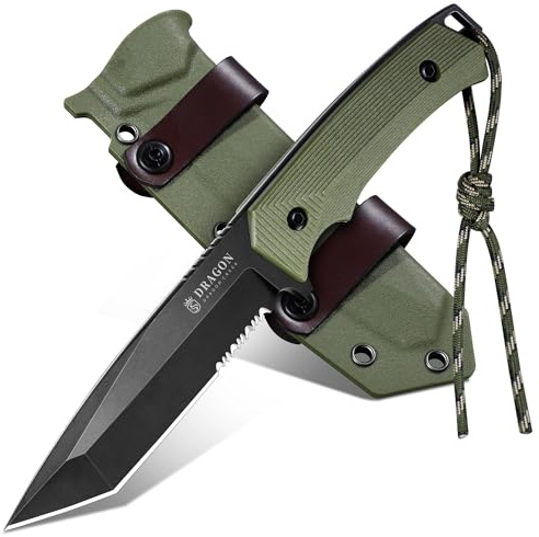 Dragon Creek Outdoor Messer Tanto Teilwellenschliff Grün | Feststehende Klinge mit Kydex Scheide, geeignet für Camping, Trekking und Freizeit