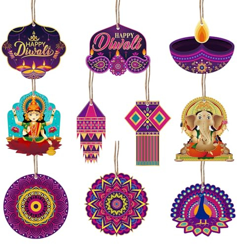 Lemicin 20pcs Diwali Decoration Wooden Pendant for House, Hanging Rangoli Light Castle Diya Lantern Shape Indian Wedding Pooja Decor Ornament