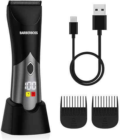 BarberBoss Körperhaarschneider für Männer, Körperhaartrimmer, wasserdichter Trimmer für Männer: Gesichts-, Körper und Intimrasierer mit Keramikklingen, USB-C-Ladefunktion und LED-Display
