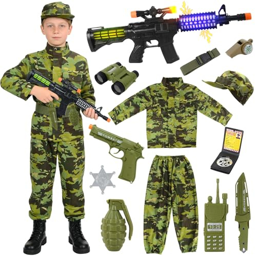 Costume Militare Bambino, Vestito Militare Bambino Militare Costume di Carnevale con Tuta Mimetica Uniforme Telescopio Walkie-Talkie Pistola Giocattolo per Halloween Carnevale Bambini (130-140CM)