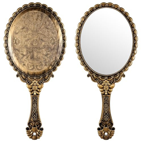 Exircy Vintage Hand Mirrors with Handle, Vanity Handheld Makeup Mirror Elegant Handle Mirror Portable Plastic Handheld Travel Mirrors for Women Face Makeup Travel Party Desk Carry Accessories