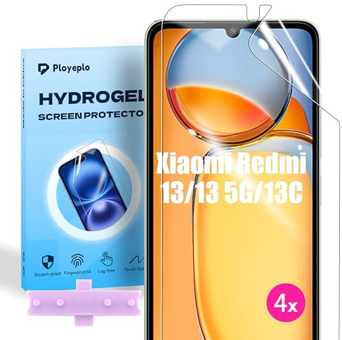 Ployeplo Películas de Hidrogel para Xiaomi Redmi 13/13 5G/13C, 4 Piezas HD Protector de Pantalla de TPU Suave Transparente con Una Posicionador Fácil Instalación(no vidrio templado)