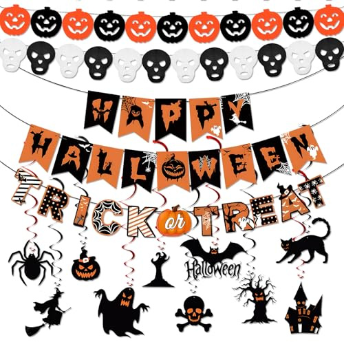 14 Pcs Halloween Decorations Party Supplies,Halloween Banner with Spiral Hanging Decorations Reusable,Hanging Spooky Decor Set with Trick or Treat Sign for Party Home Indoor Outdoor