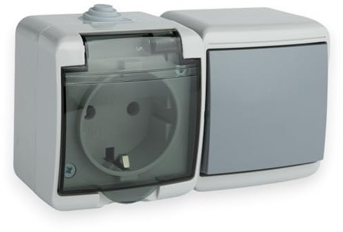 Enchufe de Superficie 1 Toma con Tapa de Cristal Ahumado | Interruptor de Luz, IP44, 230V 16A, Interruptor Basculante, Interruptor de Control Basculante en Forma de Abanico