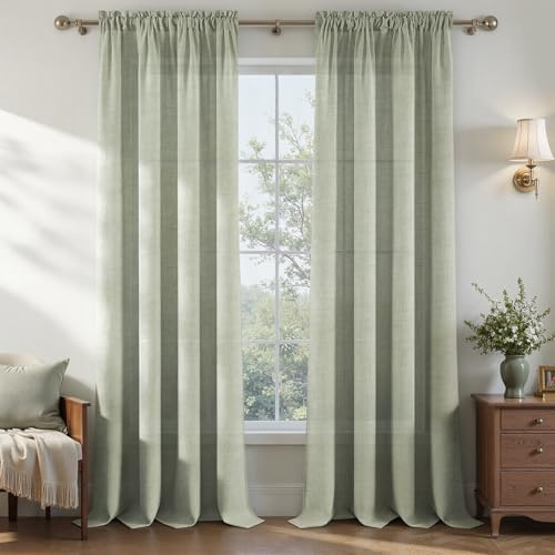 MRTREES Cortinas Salon Translucida 2 Piezas 140x245 cm Verde Salvia con Rod Bolsillo, Visillo Suave y Ligero,Cortina Lino Dormitorio Salón Comedor y Ventanas Modernas