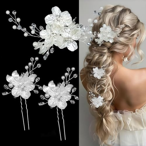 Vesavifaka 3 pezzi di accessori per capelli da sposa, grandi forcine con fiori, perline di cristallo, ornamento per capelli con strass, parte decorativa scintillante fiore bianco