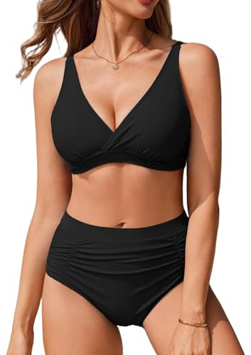 Ekouaer Überkreuzten Rückenträgern Bikini Damen Set High Waist Bauchweg Zweiteiliger Badeanzug Cross Back Bademode V-Ausschnitt Swimsuit, Schwarz, XL