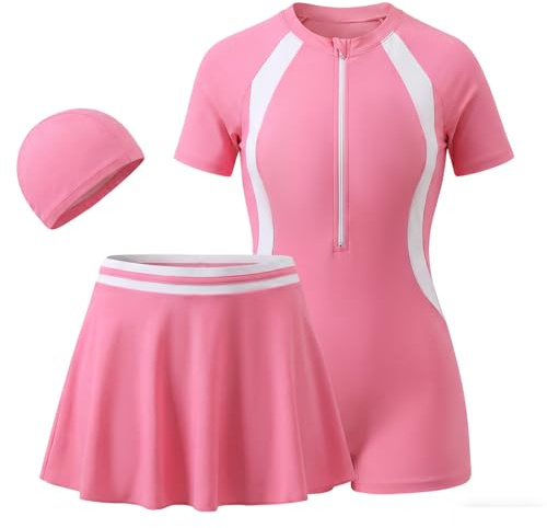 Baogaier Girls One Piece Swimsuit with Skirt and Swim Cap, for 4-12 Years | 3 in1 Swimming Costume Set, Kids Zipper Bathing Suit, Short Sleeve Rash Guard, Swimwear for Surfing Swim Beach Water Sports