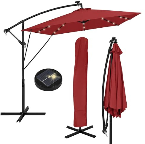 ML-Design Premium Stor Terrass Hängparasoll Ø330cm LED Solcell Röd Aluminium Modern Design UV50+ Solskydd Vattenavvisande 360° Roterbar Stabil Utomhus Parasoll För Trädgård Balkong Terrass