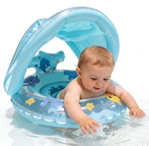 Baby-Schwimmring – 60 cm -Design Mit Sonnenschutz, Sitzunterstützung, Schwimmkörper Für 0–4 Jahre | -Pool-Sicherheitsschwimmer, Wasserspieltrainer, Aufblasbarer Bootssitz Mit Sonnen