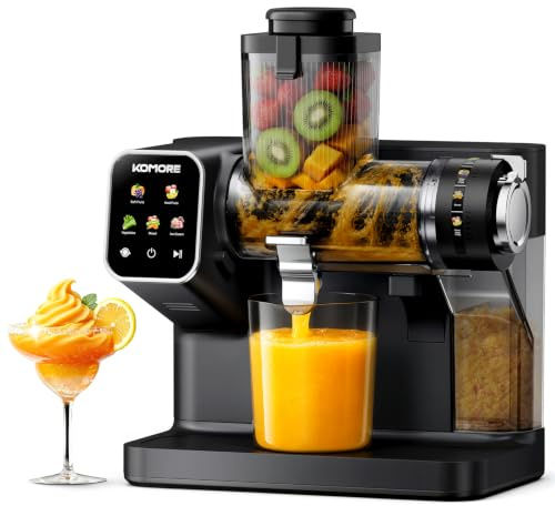 KOMORE Cold Press Juicer, 3-in-1 Juicer Machine, Masticating Juicer, Black | Smart Touch, Juicer for Whole Fruits, Vegetables & Sorbet, Adjustable Pressure, 90MM, Low Noise & High Yield, Easy-Clean